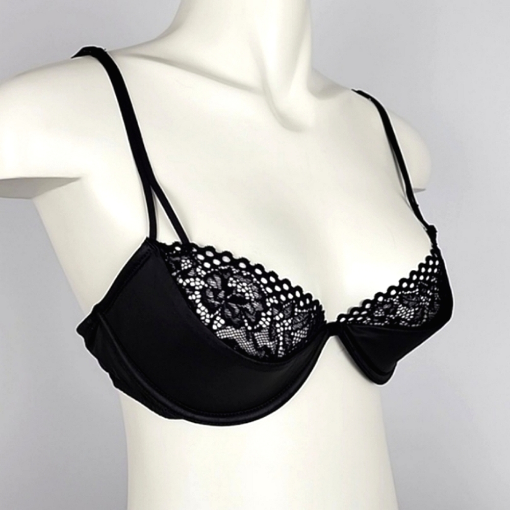 La SENZA Women's Black Satin Floral Lace Trim Sexy Demi Bra Underwire L